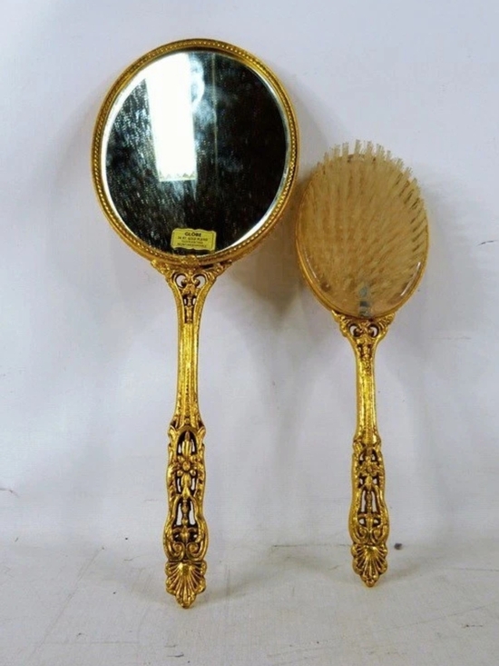 Vtg Globe 24K Gold Plated Vanity Set Mirror Brush Yellow Satin Hollywood Regency main image 4